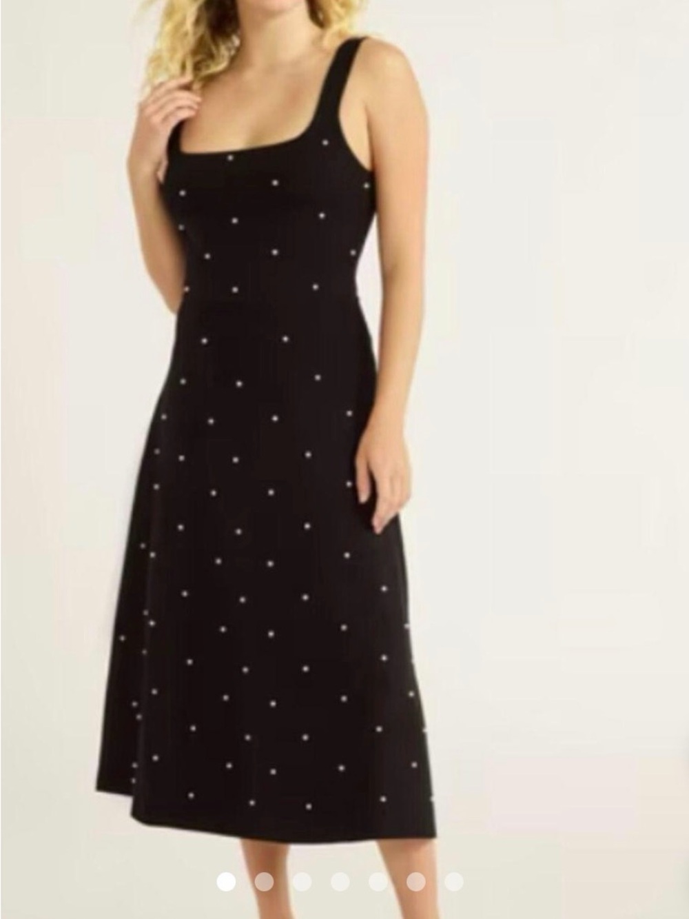 Free Assembly Square-Neck Black Midi Dress with Pearl Studs